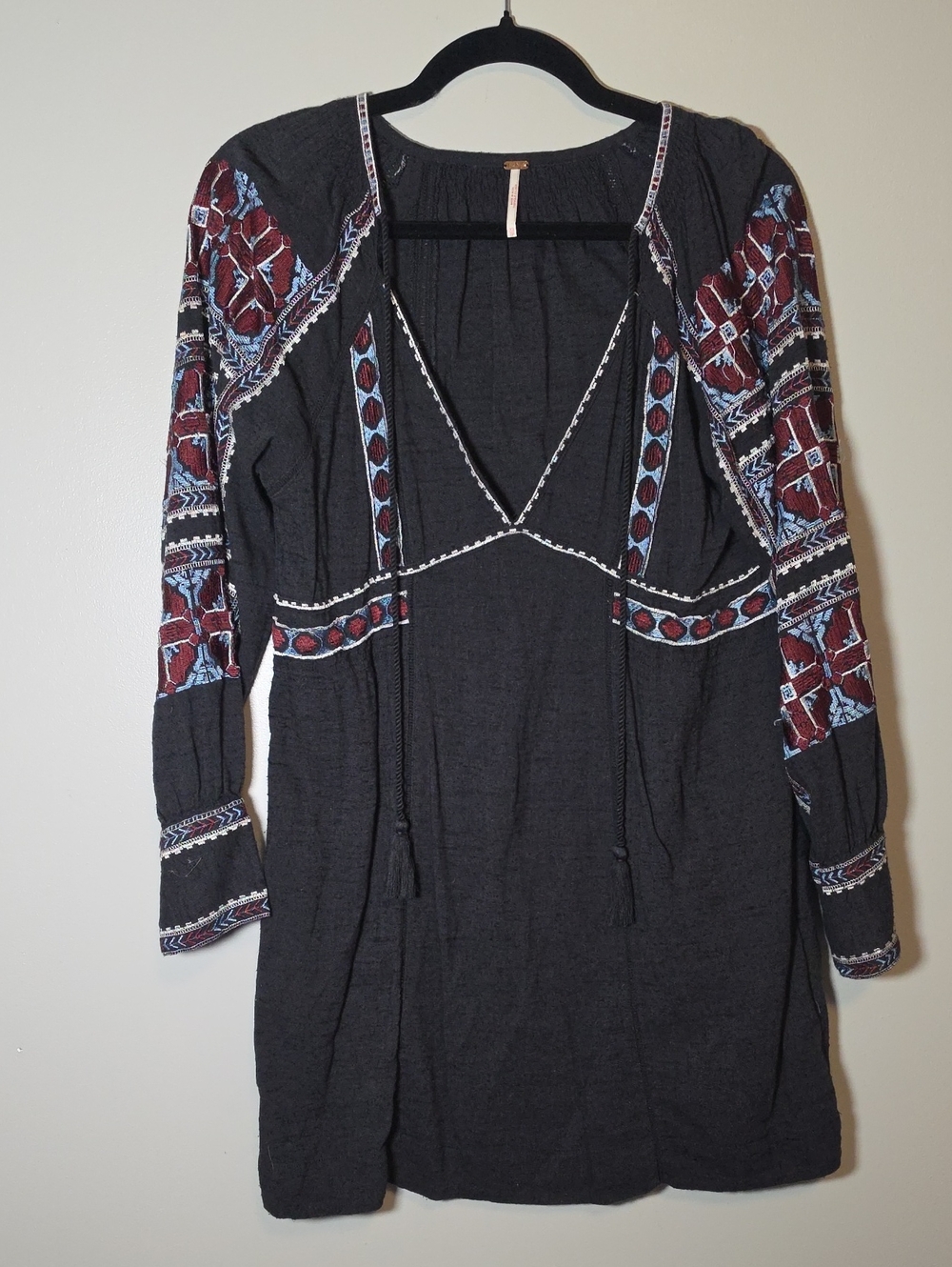 Free People Black Tunic Dress with Burgundy & Light Blue Embroidery